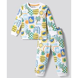 Bonfino 100% Cotton Knit Full Sleeves T-Shirt & Pyjama Co-ord Night Suit With Fruit & Tree Print - Off White