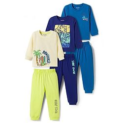 Bonfino 100% Cotton Knit Full Sleeves Slub Printed  T-Shirt & Pajamas Night Suit Set Pack Of 3- Navy Blue & Off White