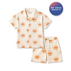 Bonfino Cotton Knit Half Sleeves Co-Ords Sun Printed Shirt & Shorts Night Suit - Off White