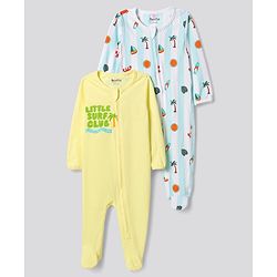 Bonfino 100% Cotton Knit Full Sleeves Footed Sleepsuits with Beach Print Pack of 2 - White & Yellow