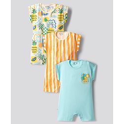 Bonfino 100% Cotton Knit Half Sleeves Striped & Tropical Theme Printed Rompers Pack Of 3 - Multicolor