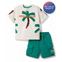 Bonfino 100% Cotton Slub Knit Drop Shoulder Half Sleeves Oversized T-Shirt & Cargo Shorts Set with Tree Print - White & Green