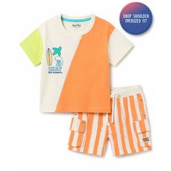 Bonfino 100% Cotton Knit Drop Shoulder Oversized T-Shirt & Shorts Set With Surf Print - Multicolor