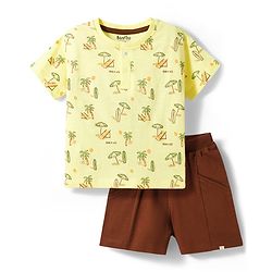 Bonfino 100% Cotton Slub Knit Drop Shoulder Half Sleeves Oversized Henley T-Shirt & Cargo Shorts Set with Beach Theme Print - Light Yellow & Brown