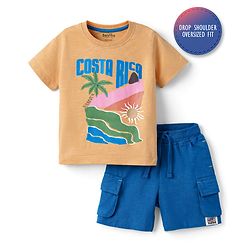 Bonfino 100% Cotton Slub Knit Drop Shoulder Half Sleeves Oversized T-Shirt & Cargo Shorts Set With Costa Rica Print - Orange & Blue