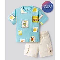 Bonfino 100% Cotton Knit Drop Shoulder Oversized Half Sleeves T-Shirt & Cargo Shorts With Tropical Print - Light Blue & White