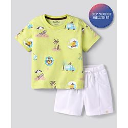 Bonfino 100% Cotton Slub Knit Drop Shoulder Half Sleeves Oversized T-Shirt & Cargo Shorts Set With Beach Theme Print - Light Green & White