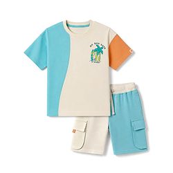 Bonfino 100% Cotton Knit Slub Drop Shoulder Oversized Color Block Half Sleeves No Bad Days Printed T-Shirt &  Cargo Shorts- Set - Sky Blue
