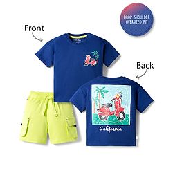 Bonfino 100% Cotton Knit Drop Shoulder Half Sleeves Oversized T-Shirt & Shorts Set with California Print - Light Green & Blue