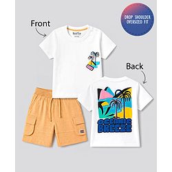 Bonfino 100% Cotton Slub Knit Drop Shoulder Half Sleeves Oversized T-Shirt With Print on Chect and Back & Cargo Shorts Set - White & Beige