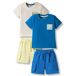 Bonfino 100% Cotton Knit Half Sleeves T-Shirts & Cargo Shorts Set with Beach Theme Print Pack of 2 - Blue White & Light Yellow