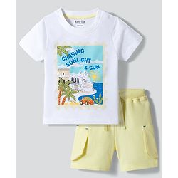 Bonfino 100% Cotton Knit Half Sleeves T-Shirt & Cargo Shorts Set With Beach Print - White & Yellow