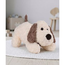 Bonfino Plush Laying Dog Soft Toy 45cm Plush Stuffed Dog| Premium Rose Fabric| Enhances Imagination|Companion for Emotional Support|Perfect for Snuggles, Play & Gifting| BIS Certified  - White & Brown