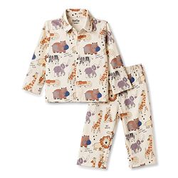 Bonfino 100% Cotton Knit Full Sleeves Animals Printed Co-Ords  Shirt & Pyjama Night Suit - OffWhite