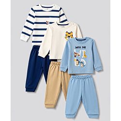 Bonfino 100% Cotton Knit Full Sleeves T-Shirt & Pyjama Night Suit with Animals Print Pack of 3- Multicolour