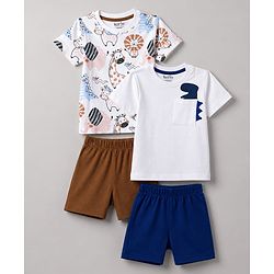 Bonfino 100% Cotton Knit Half Sleeves T-Shirt & Shorts Night Suit with Animals Print & Applique Pack of 2 - White