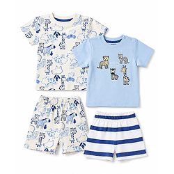 Bonfino 100% Cotton Knit Half Sleeves Animal Printed & Striped Co-Ords T-Shirts & Shorts Night Suit Pack Of 2 - Multicolor