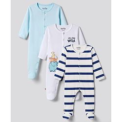 Bonfino 100% Cotton Knit Full Sleeves Striped & Animal Printed Sleepsuits Pack Of 3 - Light Blue