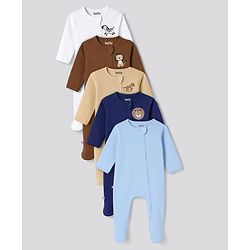 Bonfino 100% Cotton Knit Full Sleeves Footed Sleepsuits With Animal Print Pack of 5 - Multicolor