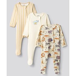 Bonfino 100% Cotton Full Sleeves  Footed Sleepsuit With Animal Print Pack of 3 - Multicolor