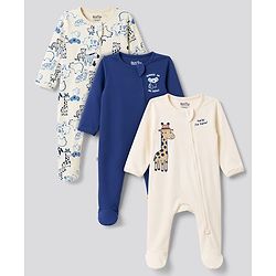 Bonfino 100% Cotton Knit Full Sleeves Animal Printed Sleepsuits Pack Of 3 - Multicolor