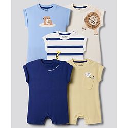 Bonfino 100% Cotton Knit Sleeveless Striped & Animal Printed Rompers Pack Of 5 - Light Blue Yellow & White