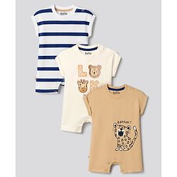 Bonfino 100% Cotton Knit Half Sleeves Striped Animal Printed & Embroidered Rompers Pack Of 3 - Beige Tan & Navy Blue