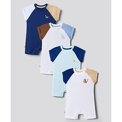 Bonfino 100% Cotton Knit Raglan Half Sleeves Animal Printed Rompers Pack Of 4 - Light Blue White & Blue