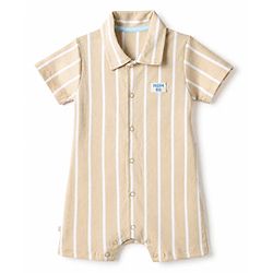Bonfino 100% Cotton Knit Knee Length Rompers with Half Sleeves and Stripes with Text Print Pack of 3 - Navy Blue Khaki Light Blue
