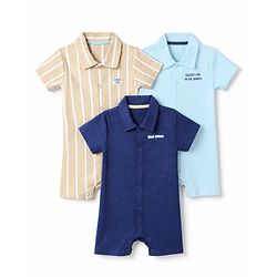 Bonfino 100% Cotton Knit Knee Length Rompers with Half Sleeves and Stripes with Text Print Pack of 3 - Navy Blue Khaki Light Blue