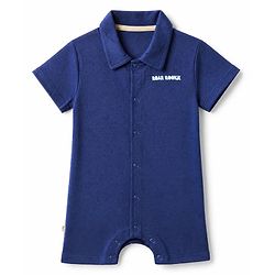 Bonfino 100% Cotton Knit Knee Length Rompers with Half Sleeves and Stripes with Text Print Pack of 3 - Navy Blue Khaki Light Blue