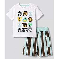 Bonfino 100% Cotton Knit Half Sleeves T-Shirt & Striped Shorts Set With Animal Print - Multicolor