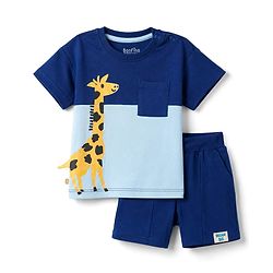 Bonfino 100% Cotton Knit Half Sleeves Giraffe Printed Color Block T-Shirt & Cargo Shorts Set - Light & Navy Blue