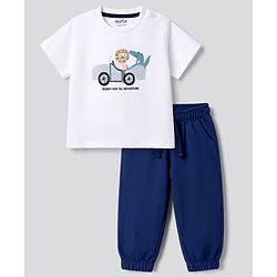 Bonfino 100% Cotton Knit Half Sleeves Animal & Vehicles Printed & Door Applique T-Shirt & Joggers Set - White & Navy Blue