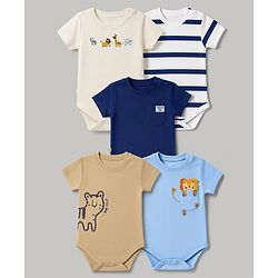 Bonfino 100% Cotton Knit Half Sleeves Striped & Animals Printed  Onesies Pack Of 5 - White & Navy