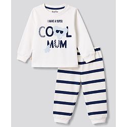 Bonfino 100% Cotton Knit Full Sleeves T-Shirt & Striped Pyjama Night Suit With Text Print - Multicolor