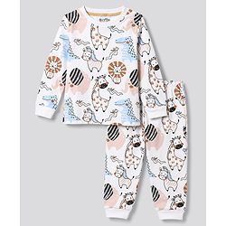 Bonfino 100% Cotton Knit Full Sleeves T-Shirt & Pyjama Co-Ord Night Suit With Animal Print - Offwhite