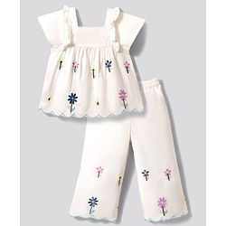 Bonfino 100% Cotton Woven Half Sleeves Top & Lounge Pant Set With Floral Embroidery & Scallop Detail - White