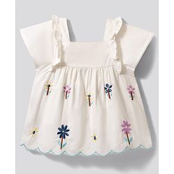 Bonfino 100% Cotton Woven Half Sleeves Top & Lounge Pant Set With Floral Embroidery & Scallop Detail - White