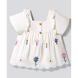 Bonfino 100% Cotton Woven Half Sleeves Top & Lounge Pant Set With Floral Embroidery & Scallop Detail - White