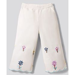 Bonfino 100% Cotton Woven Half Sleeves Top & Lounge Pant Set With Floral Embroidery & Scallop Detail - White