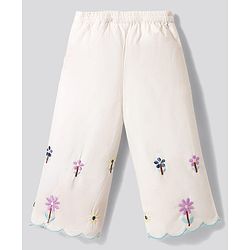Bonfino 100% Cotton Woven Half Sleeves Top & Lounge Pant Set With Floral Embroidery & Scallop Detail - White