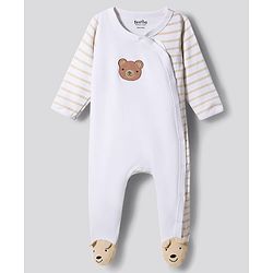 Bonfino 100% Cotton Knit Full Sleeves Footed Sleepsuit With Teddy Embroidery & Applique - Offwhite