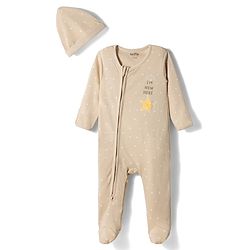 Bonfino 100% Cotton Knit Full Sleeves Footed Sleepsuit & Cap With Star Print - Beige