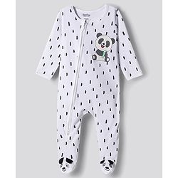 Bonfino 100% Cotton Full Sleeves  Footed Sleepsuit With Panda Print & Applique - White