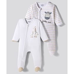 Bonfino 100% Cotton  Knit Full Sleeve Striped & Animal Printed Front Open 2 Way Zipper Footed Sleepsuits Pack of 2- White