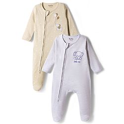 Bonfino Cotton Knit Full Sleeves Footed Sleep Suit With Elephant Print Pack of 2 - Grey & Beige