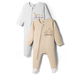 Bonfino 100% Cotton Knit Full Sleeves Footed Sleepsuits With Duck Embroidery Pack of 2 - White & Beige