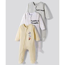 Bonfino Cotton Knit Full Sleeves Footed Sleep Suits with Striped Text Print & Animal Embroidery Pack of 3- Grey Beige & White