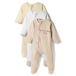 Bonfino 100% Cotton Knit Full Sleeves Footed Sleepsuits With Star & Teddy Bear Print Pack of 3 - Multicolor